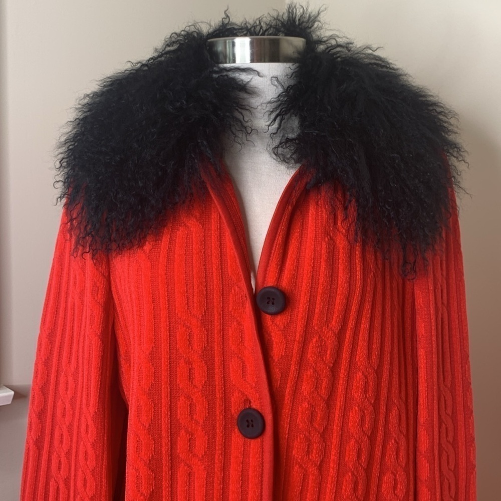 Lola Made in Italy Red Black Cable Knit Fur Collar Duster Cardigan Coat 8 44 - Picture 10 of 17